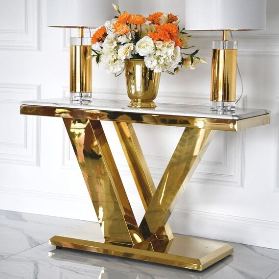 Gold console, modern, white marble top, glamour, LV COLLECTION