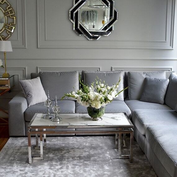 Glamor coffee table in New York style, stainless steel, white marble top OSKAR SILVER OUTLET 2