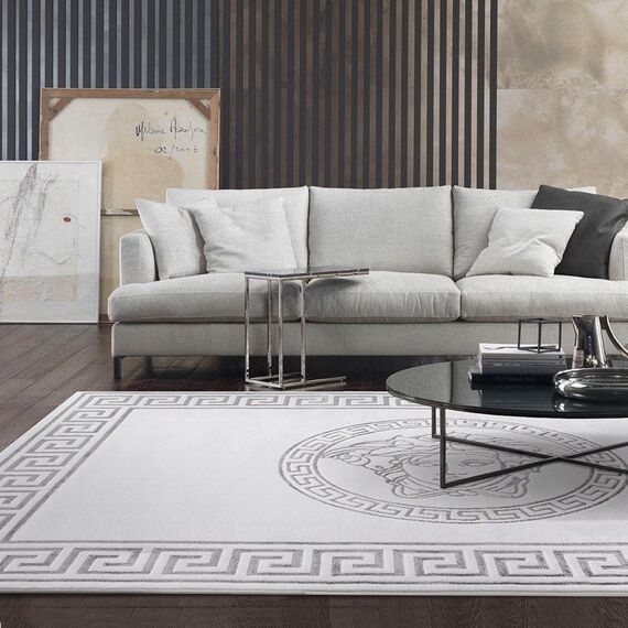 Designer carpet, with the face of a medusa, for the living room and dining room, Greek pattern, gray MEDUSA SILVER