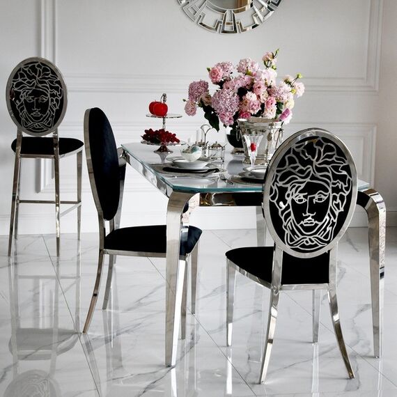 Design glamor table with a glass top, steel, modern, silver ELITE
