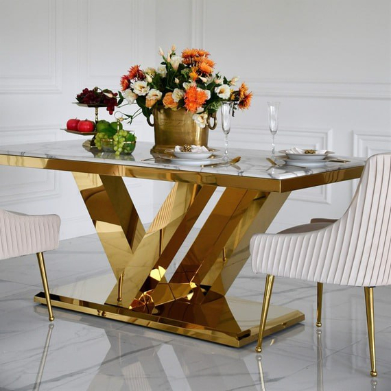 Exclusive glamor dining table, modern, with white marble, gold LV COLLECTION