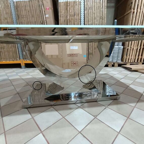 Išskirtinis žavingas stalas valgomajam, modernus, dizaineris, stiklinis stalviršis, sidabrinis ART DECO II OUTLET