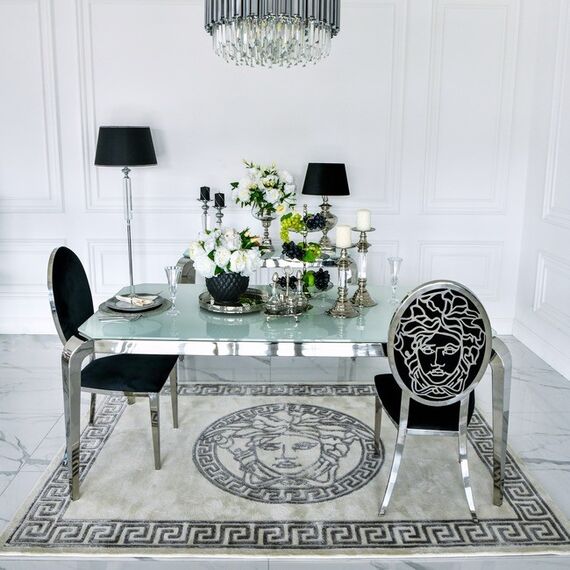 Designer carpet, with the face of a medusa, for the living room and dining room, Greek pattern, gray MEDUSA SILVER
