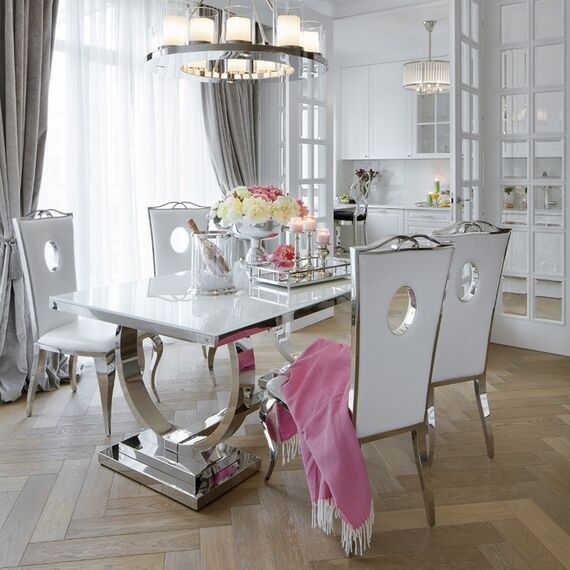 Stół glamour nowoczesny, ekskluzywny do jadalni biały szklany blat stalowy srebrny MARCELLO OUTLET 220cm