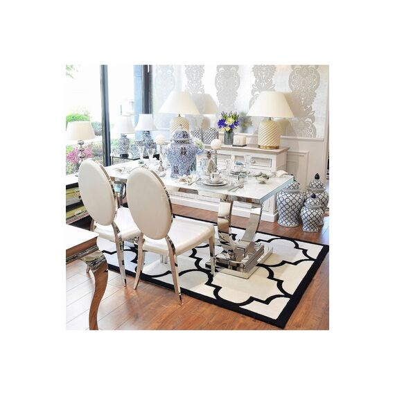 Stół glamour nowoczesny, ekskluzywny do jadalni biały szklany blat stalowy srebrny MARCELLO OUTLET 220cm