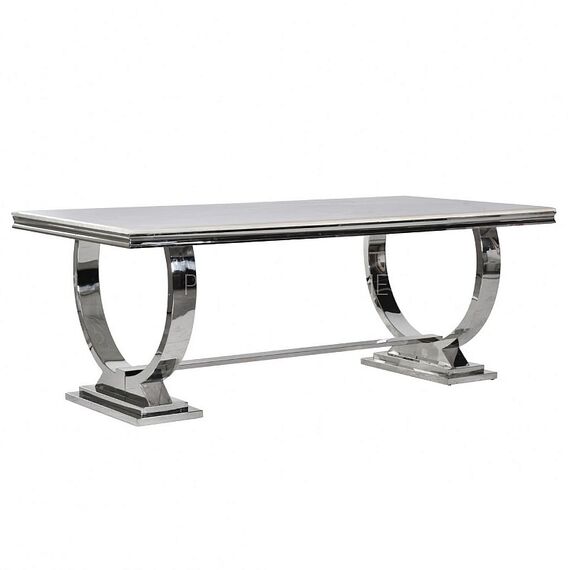 Stół glamour nowoczesny, ekskluzywny do jadalni biały szklany blat stalowy srebrny MARCELLO OUTLET 220cm