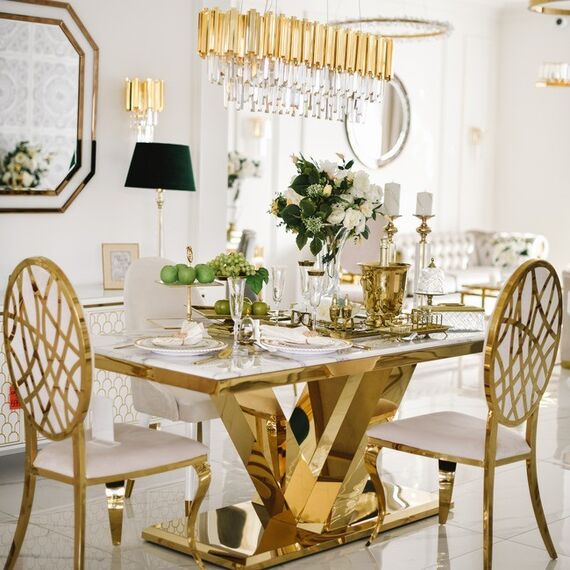 Krzesło złote beżowe glamour luksusowe do jadalni, stalowe nogi AZURO