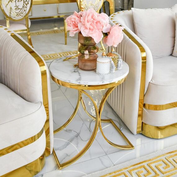 Stolik glamour pomocniczy boczny, nocny biały marmur ALICE GOLD