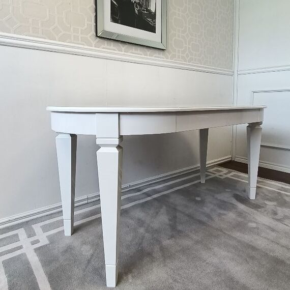 Stylish extendable table, wooden, gloss, lacquered for the dining room, glamor, round white ELEGANCE