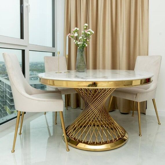 Designerski stół ANTONIO 130 cm stal okrągła do jadalni z blatem z białego, czarnego marmuru, nowoczesny glamour złoty