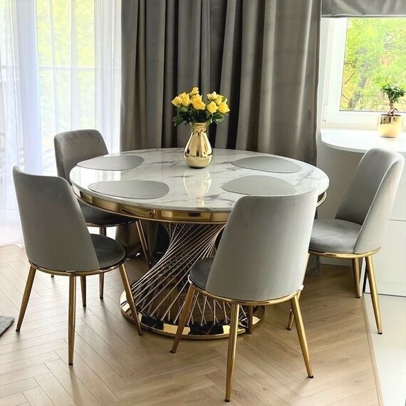 Designerski stół ANTONIO 130 cm stal okrągła do jadalni z blatem z białego, czarnego marmuru, nowoczesny glamour złoty