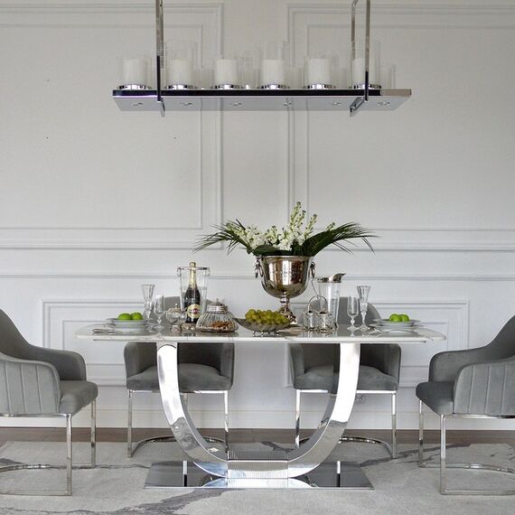 Ekskluzywny stół do jadalni, glamour, nowoczesny, designerski, biały blat marmurowy, srebrny ART DECO 220 cm OUTLET