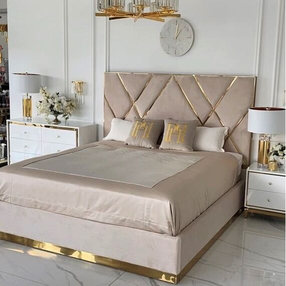 Upholstered glamor bed, modern, with a gold slat, beige 180x200cm IMPERIAL