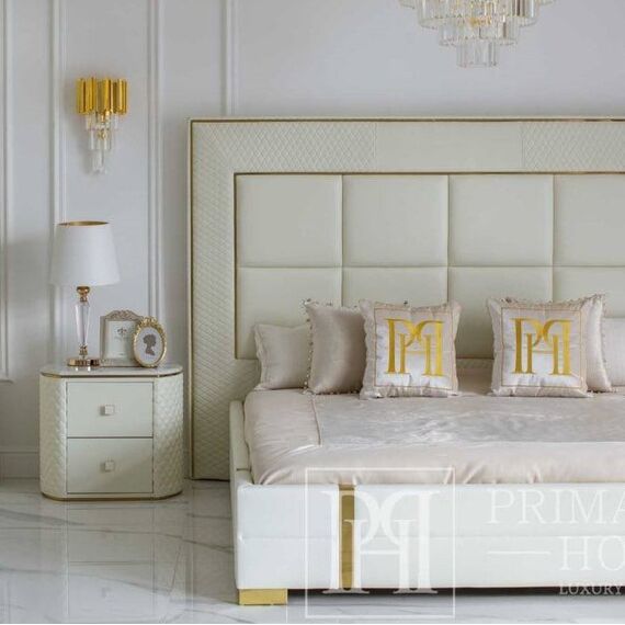 Stolik nocny glamour  z ekoskórą biały złoty HERMITAGE OUTLET