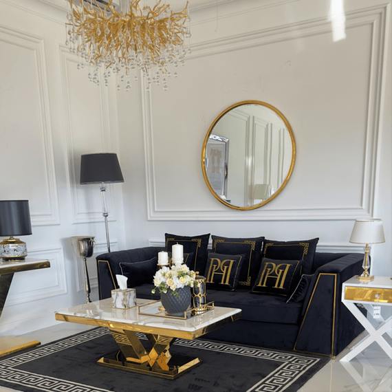 Black velvet quilted sofa, modern in a glamor style, for a golden living room MONTE CARLO
