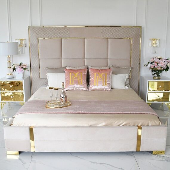 An exclusive bedside table, a wooden, varnished side table, with a mirror, gold VENICE