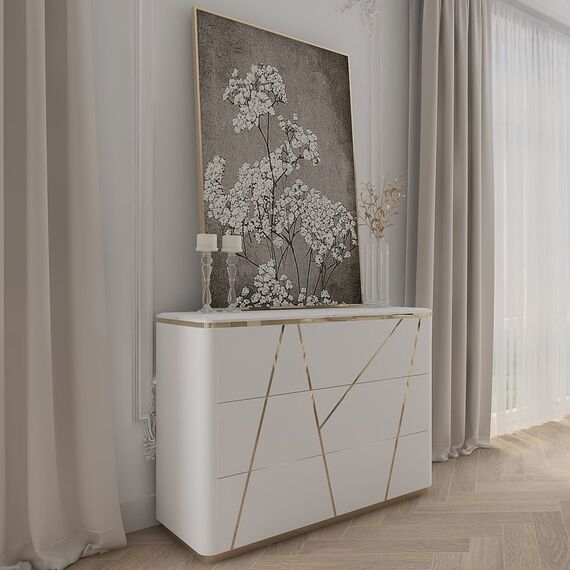 Glamor chest of drawers varnished, modern, designer, white and gold AVENUE 120cm