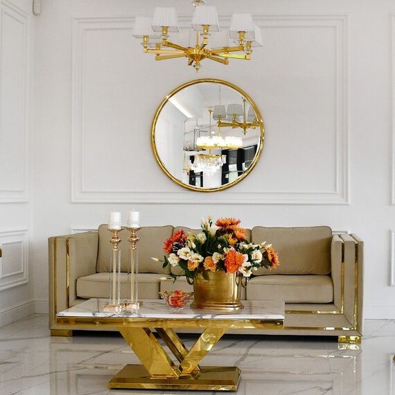 Glamorous sofa for the living room, designer, exclusive, luxurious with gold strips MONACO