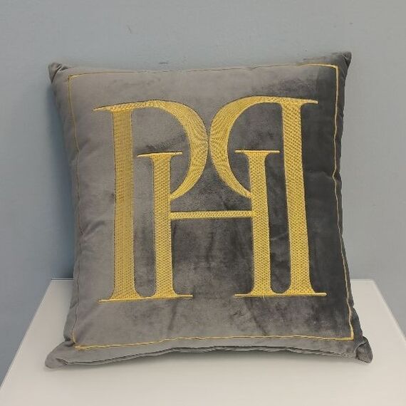 PH pillow 40x40 with a gray logo in a velor fabric with gold embroidery