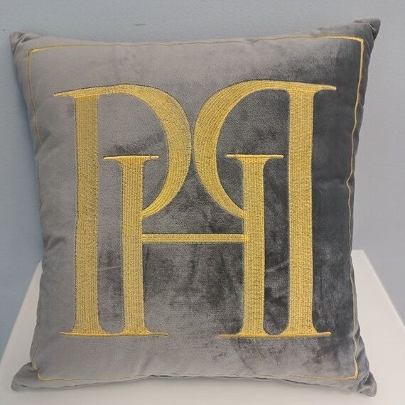 PH pillow 40x40 with a gray logo in a velor fabric with gold embroidery