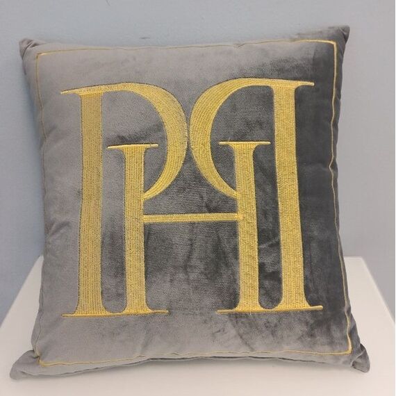 PH pillow 40x40 with a gray logo in a velor fabric with gold embroidery