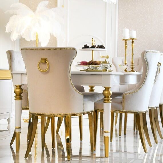 High gloss glamorous table, elegant white high gloss, light gold QUEEN