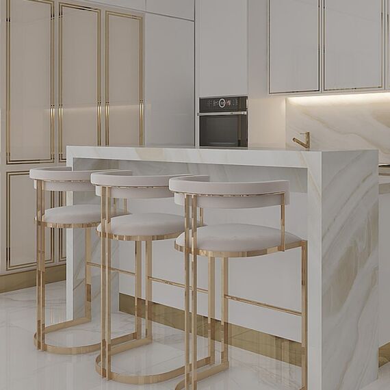 Glamor bar stool, gold, boucle, modern upholstered for dining room, bar, MARCO island OUTLET