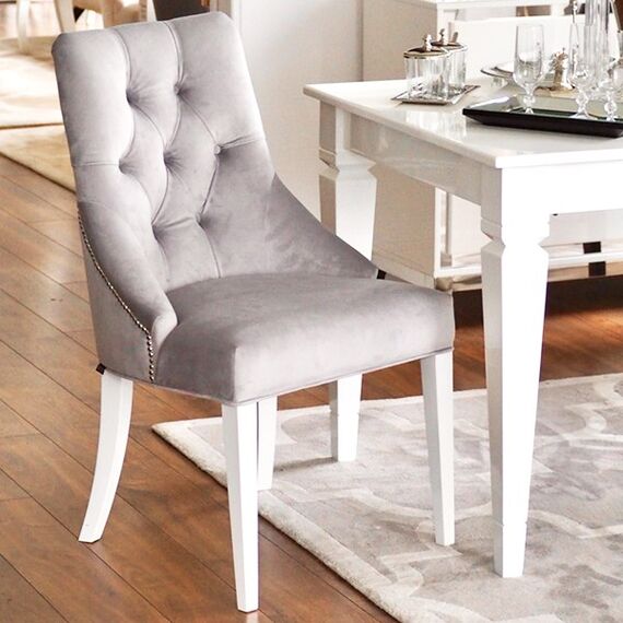 Gray glamor chair with a quilted backrest, classic, for the dining room, with a knocker, New York, modern, silver PRINCE II