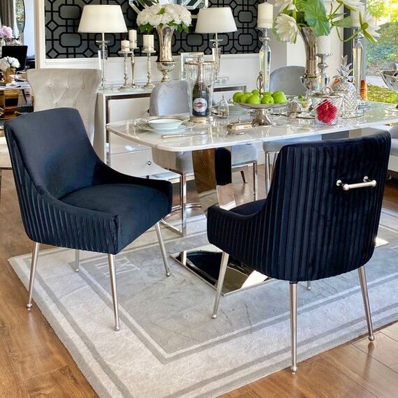 Krzesło glamour luksusowe, tapicerowane z kołatką, do jadalni, salonu, nowoczesne, czarne, srebrne PALOMA