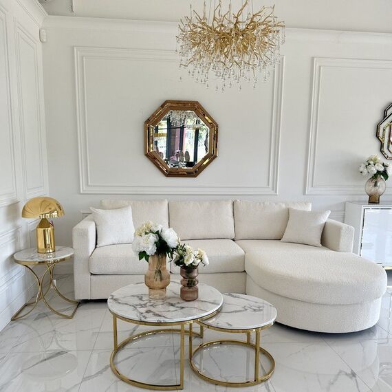 Modern glamor corner sofa, for the living room, rounded, convertible, beige, comfortable corner boucle PARIS