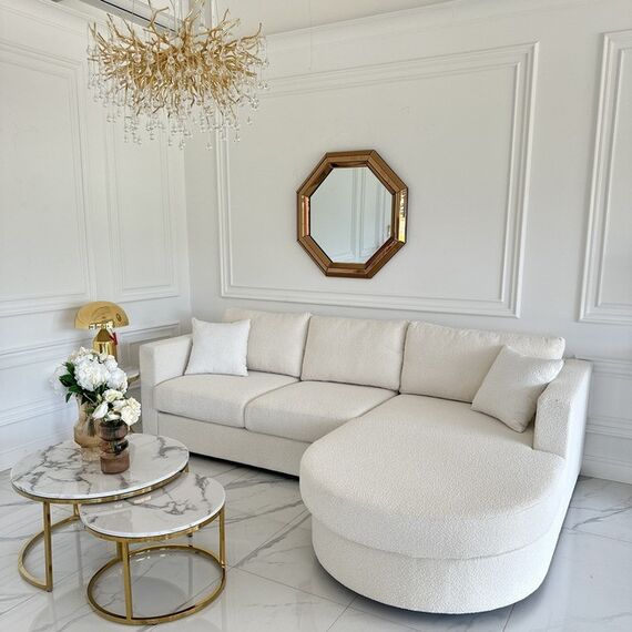 Modern glamor corner sofa, for the living room, rounded, convertible, beige, comfortable corner boucle PARIS