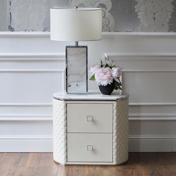 Set of two glamour bedside tables, stylish with eco-leather, white silver bedside tables with drawers HERMITAGE OUTLET