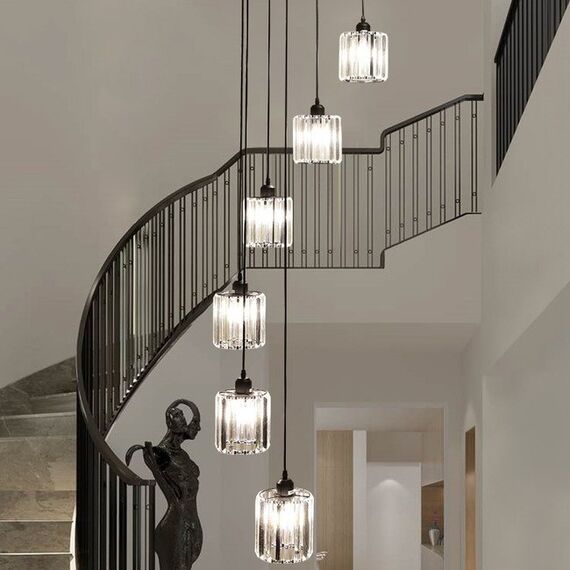 Crystal chandelier, hanging, gold, designer, exclusive, in a modern style, with glass shades, STARS XL hanging lamp above the stairs