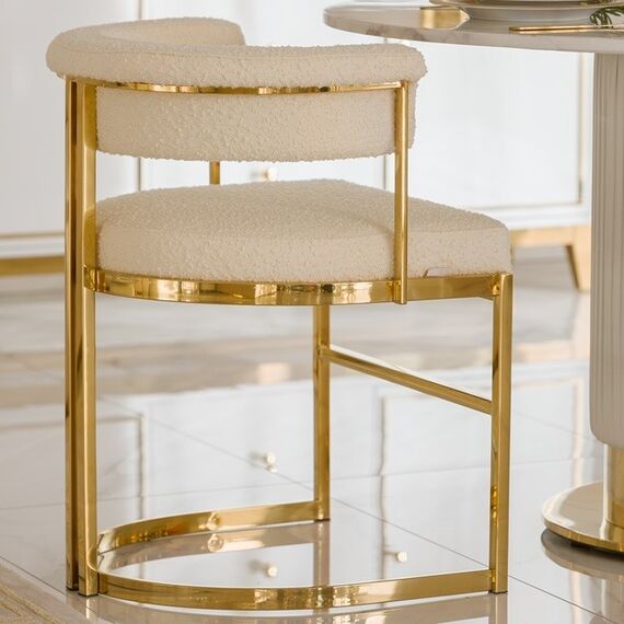 Designer glamor chair, gold, boucle, for the dining room, modern, half-round, for the dressing table, steel MARCO