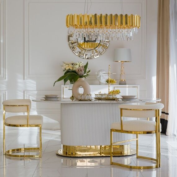 Designer glamor chair, gold, boucle, for the dining room, modern, half-round, for the dressing table, steel MARCO