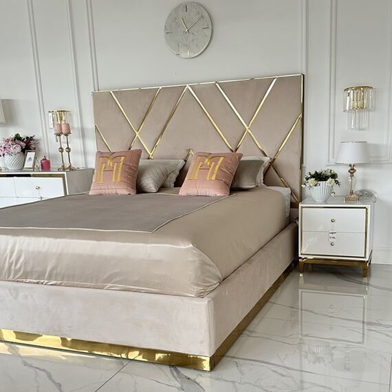 Upholstered glamor bed, modern, with a gold slat, beige 180x200cm IMPERIAL