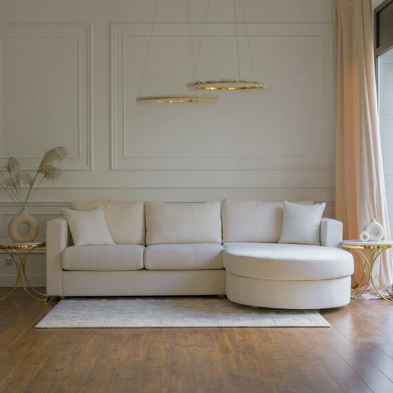 Modern glamor corner sofa, for the living room, rounded, convertible, beige, comfortable corner boucle PARIS