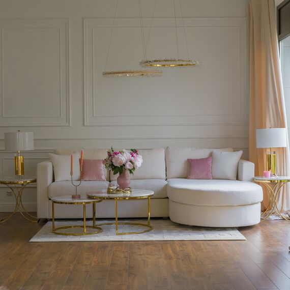 Modern glamor corner sofa, for the living room, rounded, convertible, beige, comfortable corner boucle PARIS