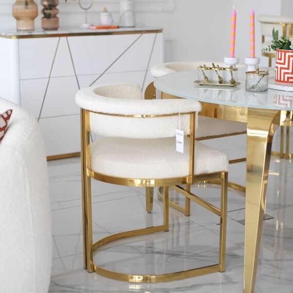 Designer glamor chair, gold, boucle, for the dining room, modern, half-round, for the dressing table, steel MARCO