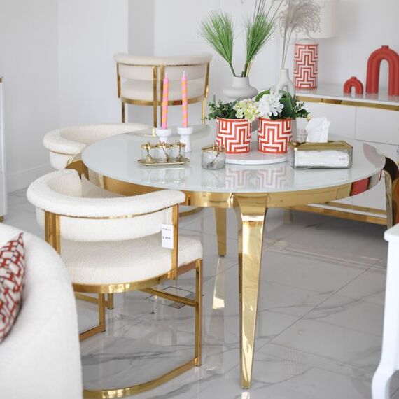 Designer glamor chair, gold, boucle, for the dining room, modern, half-round, for the dressing table, steel MARCO