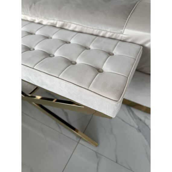 Upholstered pouffe, quilted steel, beige velor, gold cross GABY L