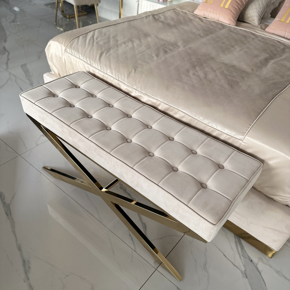 Upholstered pouffe, quilted steel, beige velor, gold cross GABY L