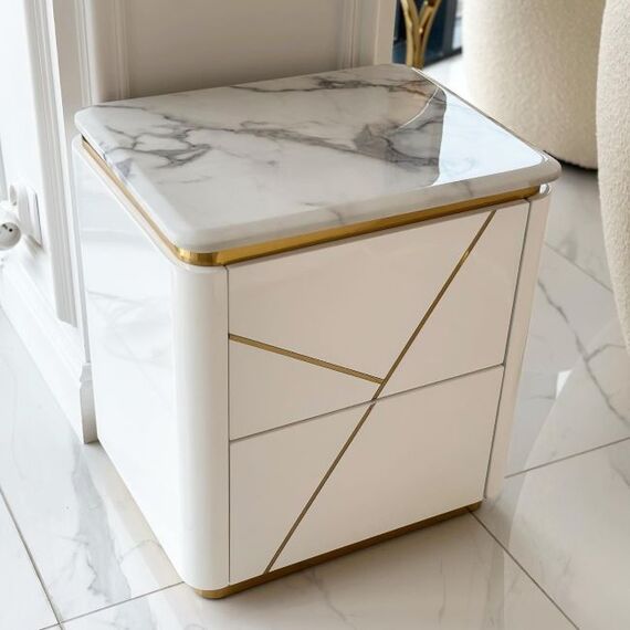 Glamor bedside table lacquered high gloss white gold for the bedroom AVENUE