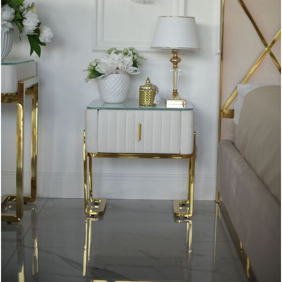 Modern glamor bedside table, beige, gold, side table with drawer AMORE