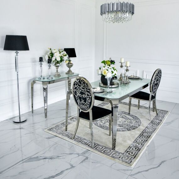 Design glamor table with a glass top, steel, modern, silver ELITE