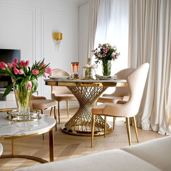 Designerski stół ANTONIO 130 cm stal okrągła do jadalni z blatem z białego, czarnego marmuru, nowoczesny glamour złoty