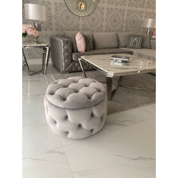 Round pouffe, for the bedroom, dressing table, upholstered, quilted, Paula glamor pouf