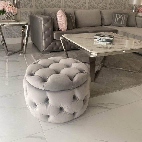 Round pouffe, for the bedroom, dressing table, upholstered, quilted, Paula glamor pouf
