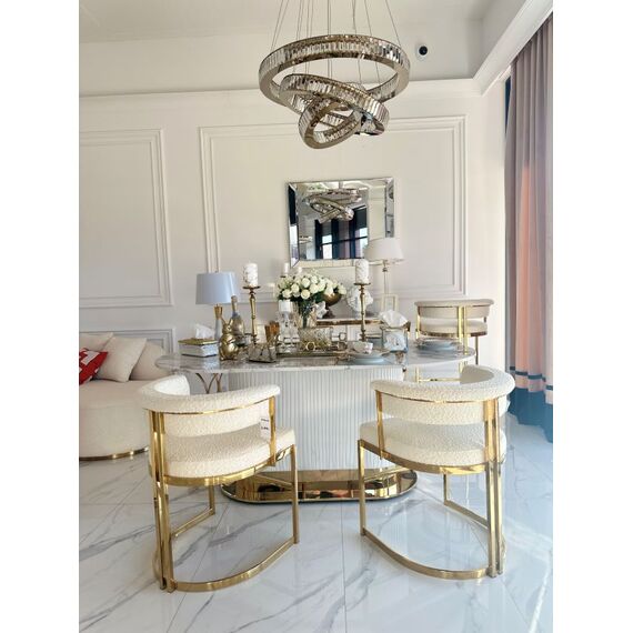 Designer glamor chair, gold, boucle, for the dining room, modern, half-round, for the dressing table, steel MARCO