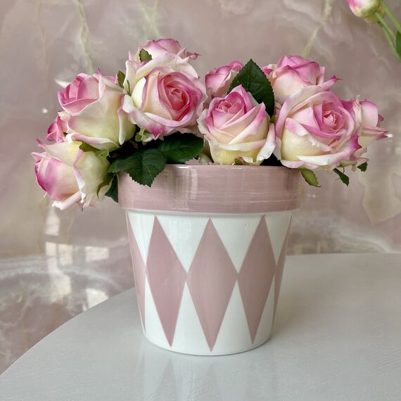 Pink ceramic flower pot with rhombuses, 16 cm